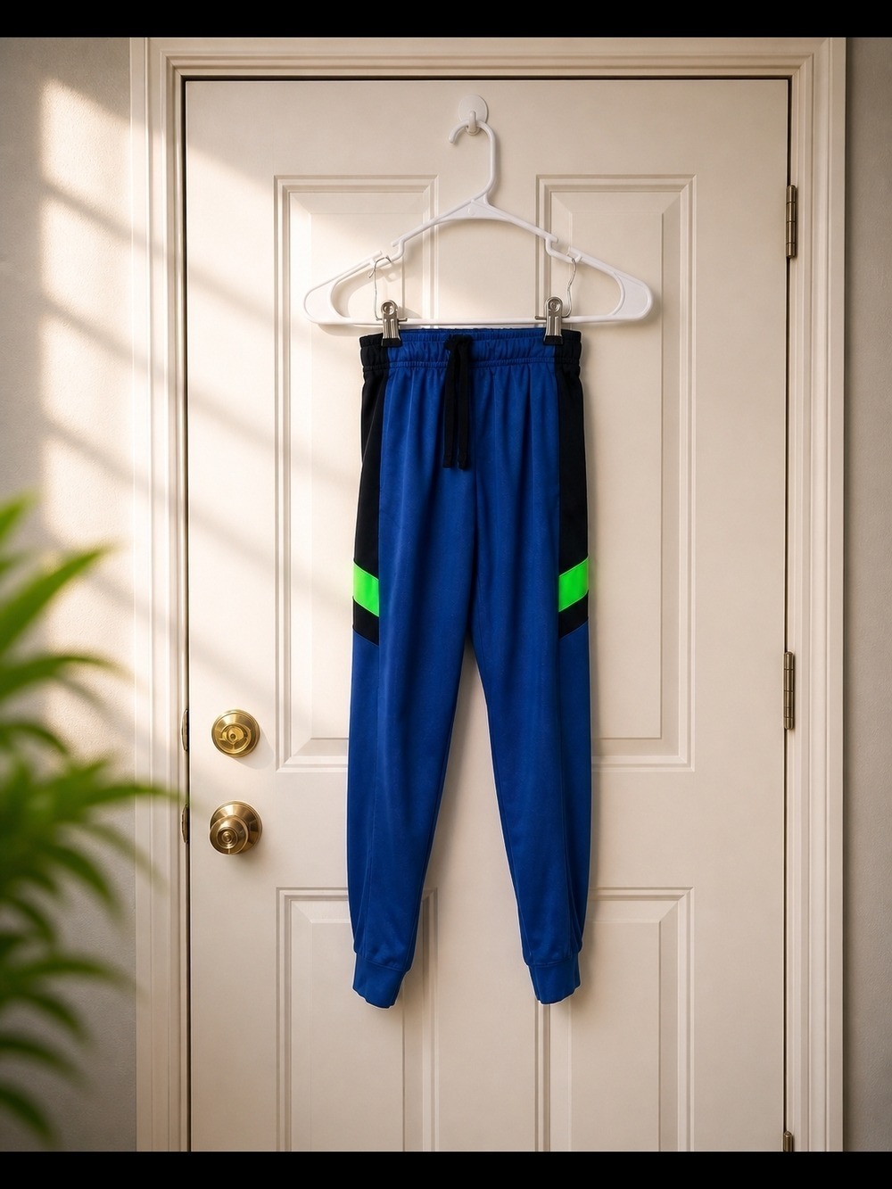 Royal Blue Joggers with Black Panels and Neon Green Stripes
